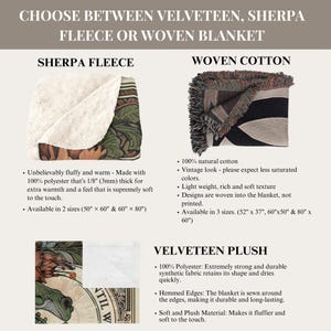 May include: A comparison chart of three types of blankets: sherpa fleece, woven cotton, and velvet plush. Each section features a close-up image of the blanket and a list of features. The sherpa fleece blanket is white with a brown and green pattern. The woven cotton blanket is black and white with a red and green pattern. The velvet plush blanket is brown with a green and white pattern and a frog illustration.