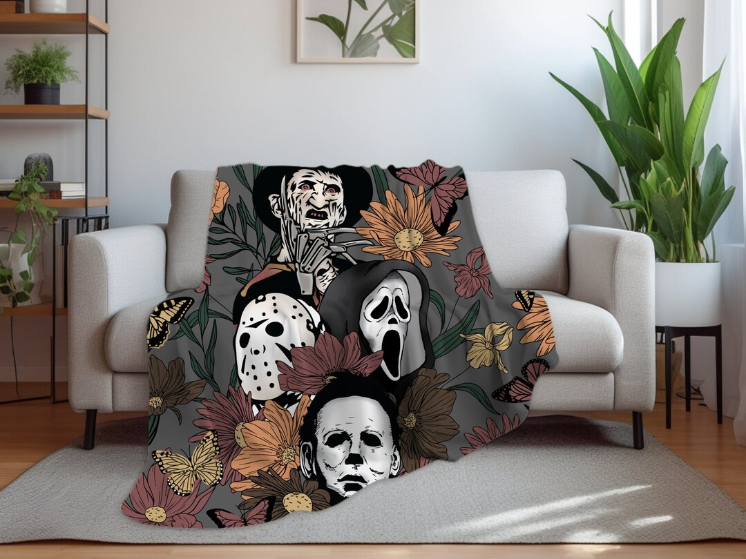 Floral Classic Horror Blanket, Jason Voorhees Minky Blanket, Michael