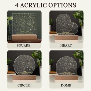 Puede incluir: Cuatro opciones de acr&iacute;lico para una luz nocturna personalizada de mapa de estrellas. Las opciones son cuadrada, coraz&oacute;n, c&iacute;rculo y c&uacute;pula. Cada opci&oacute;n presenta un mapa de constelaci&oacute;n con un nombre y el texto "La noche en que naciste".
