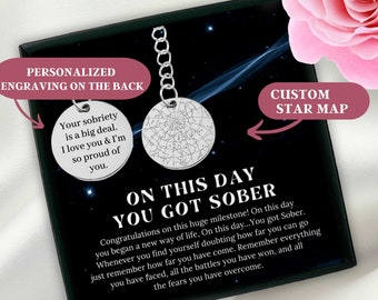 On This Day You Got Sober Custom Star Map by Date Keychain, Personalized Sobriety Jewelry, Addiction Recovery, Sobriety Gift for Men