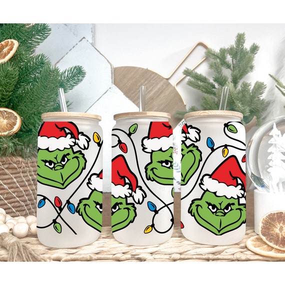 16oz Candy Grinch Glass Can Cup with Lid and Straw