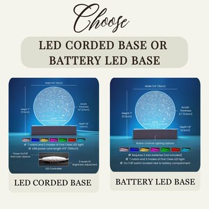 Puede incluir: Dos im&aacute;genes que muestran una luz nocturna 3D de constelaci&oacute;n de estrellas con una opci&oacute;n de bases. La primera imagen muestra una base con cable con un cable de alimentaci&oacute;n USB y un controlador LED. La segunda imagen muestra una base con pilas con un panel de control de botones. Ambas bases tienen 15 cm de ancho y 17,8 cm de alto.