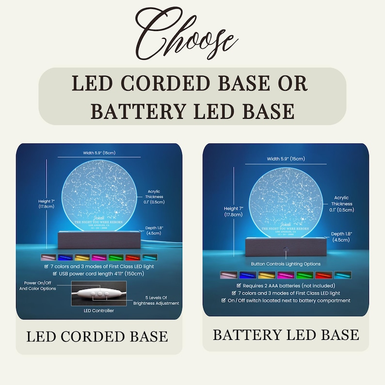 Puede incluir: Dos im&aacute;genes que muestran una luz nocturna 3D de constelaci&oacute;n de estrellas con una opci&oacute;n de bases. La primera imagen muestra una base con cable con un cable de alimentaci&oacute;n USB y un controlador LED. La segunda imagen muestra una base con pilas con un panel de control de botones. Ambas bases tienen 15 cm de ancho y 17,8 cm de alto.