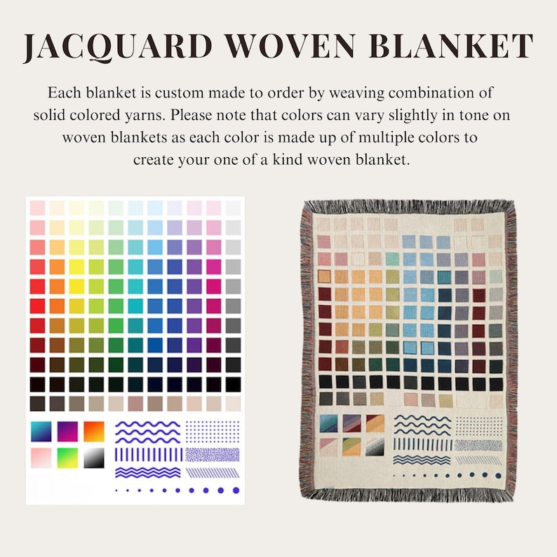 May include: A color chart showing a variety of colors and patterns that can be used to create a custom woven blanket. The text "JACQUARD WOVEN BLANKET" is at the top of the image. The text "Each blanket is custom made to order by weaving combination of solid colored yarns. Please note that colors can vary slightly in tone on woven blankets as each color is made up of multiple colors to create your one of a kind woven blanket." is below the color chart.