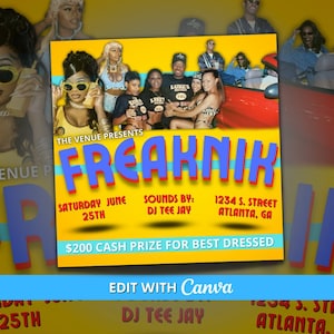 May include: A yellow flyer with blue and red text advertising a party called "Freaknik" on Saturday, June 25th. The flyer features a group of people in a red car and the text "Sounds by: DJ Tee Jay" and "1234 S. Street Atlanta, GA".