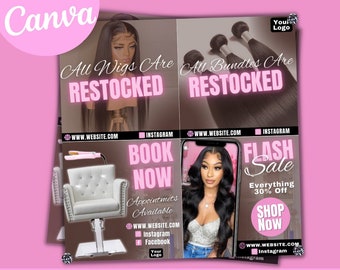 May include: Pink and white promotional graphic with the text "All Wigs Are Restocked" and "All Bundles Are Restocked." The image also includes the text "Book Now" and "Flash Sale." The graphic promotes hair products and services.