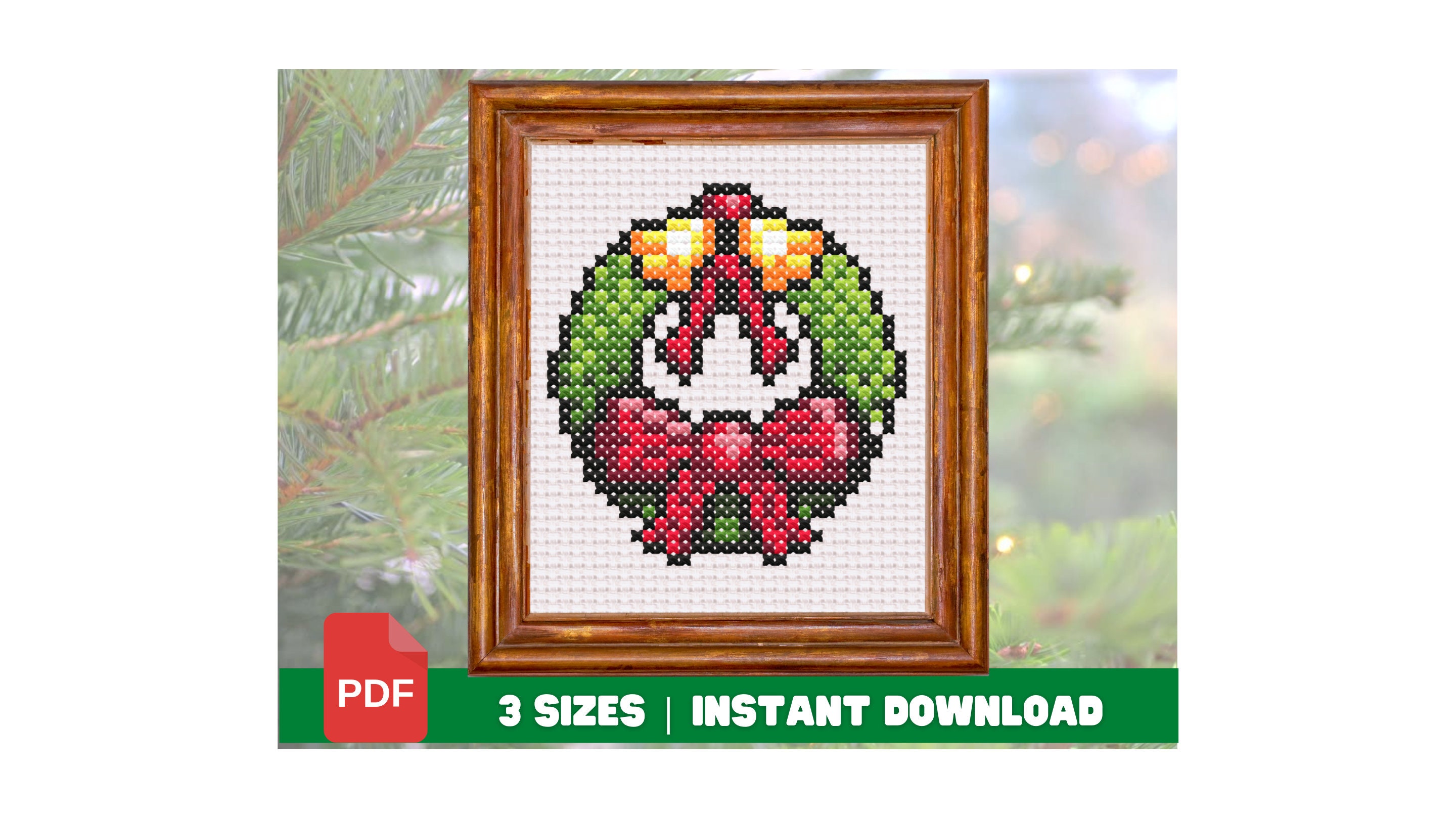 Cross Stitch Christmas Wreath - Easy Pixel Art Christmas Pattern