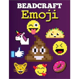 May include: A collection of pixel art emoji designs, including a winking face, a taco, a unicorn, a pile of poo, a laughing face, a thumbs up, a cat, a heart-eyed face, and a donut. The designs are on a purple background and are ideal for bead craft projects.