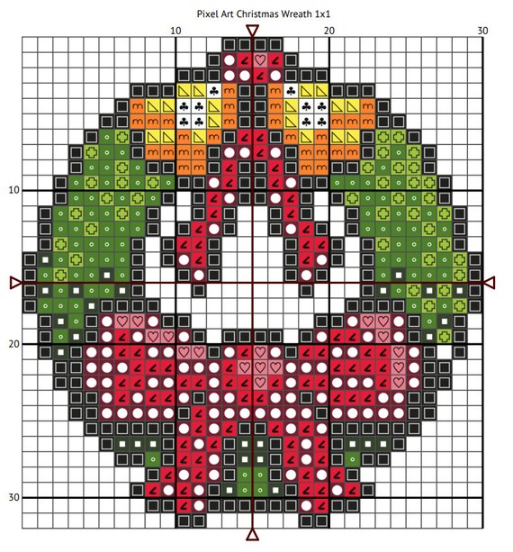 Cross Stitch Christmas Wreath - Easy Pixel Art Christmas Pattern