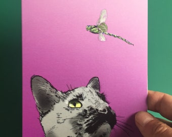 Cat and Dragonfly -  hand drawn (digital) 5x7 Greetings card - blank inside