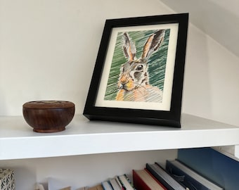 Hare head. Technical pen and felt tip drawing. Entirely hand drawn, A5 framed, original artwork.