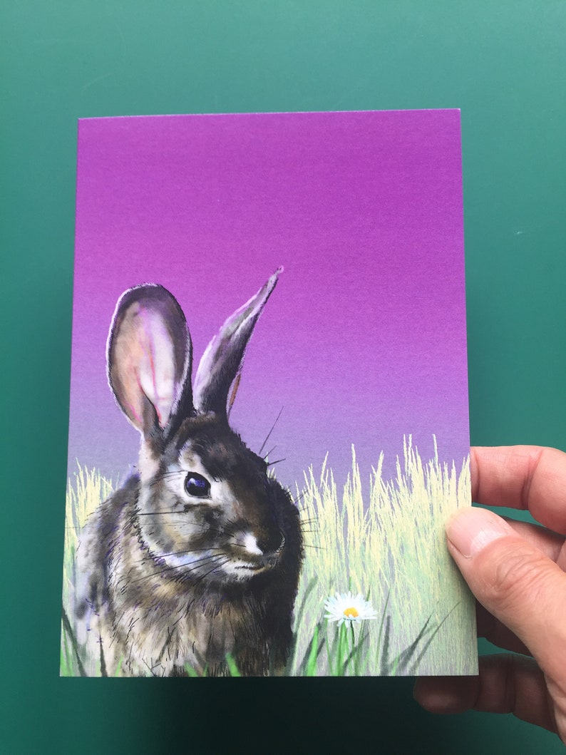 Rabbit on Pink hand drawn digital 5x7 Greetings card blank inside image 1