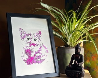 Kitten illustration, felt tip and technical pen. Not a print, A5 framed, original artwork.