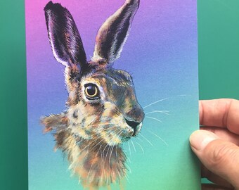 Rainbow Hare - hand drawn (digital), 5x7 Greetings card - blank inside