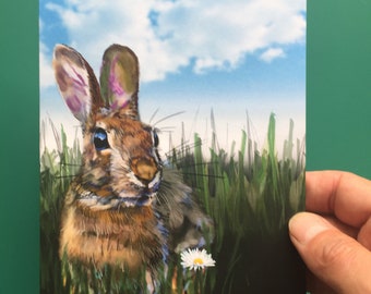 Rabbit with daisy - hand drawn (digital) 5x7 Greetings card -blank inside