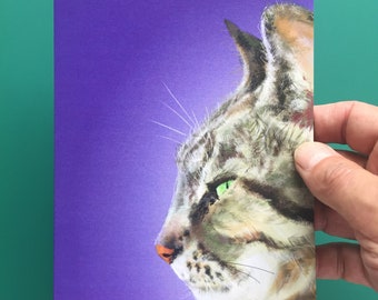 Tabby cat in profile - hand drawn (digital), 5x7 Greetings card - blank inside