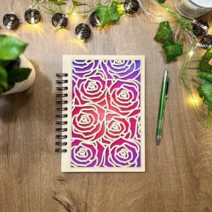 Wooden notebook Rose engraved wood journal cover