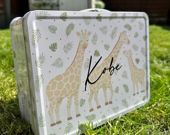 Personalised Metal Giraffe Lunchbox, Picnic, Summer Lunch bag, Weaning, Snack Box, Nursery, School Lunch, Treat Box, Toddler Lunch Box,