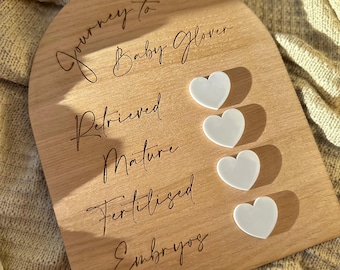 May include: An arched wooden plaque with engraved text reading Journey to Baby Glover, Retrieved, Mature, Fertilized, and Embryos. Four small, white, heart-shaped markers are placed next to the text lines on the smooth, light-colored wood surface.