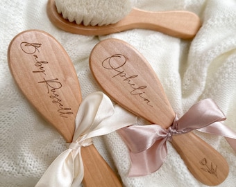 Personalised Wooden Baby Brush Set, Engraved Keepsake Gift, Natural Bristles, Baby Shower Present