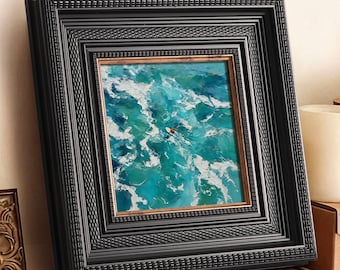 Surfer in Ocean Waves Oil Painting Hand-Painted Vibrant Turquoise Sea Wall Art