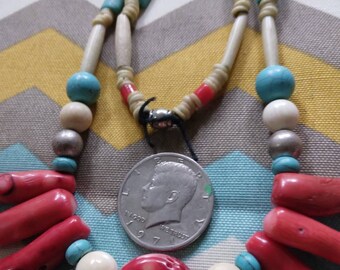 Handmade Turquoise Coral & Bone Necklace Genuine stones , strung on wax cording.. true indiginous crafting!