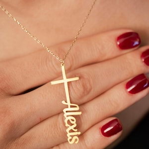 Personalized 14K Gold Cross Name Necklace, Custom Cross Necklace, Cross Jewelry For Women, Religious Necklace, Baptism Gift, Gift For Her