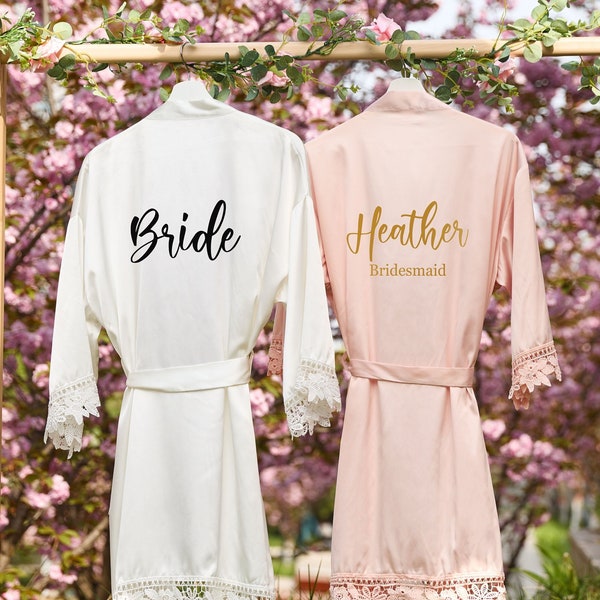 Lace Bridesmaid Robes, Personalized Bridal Robe, Silky Satin Robe, Monogram Wedding Robe, Bridesmaid Gifts, Bridal Party Robes Set of 6,7, 8
