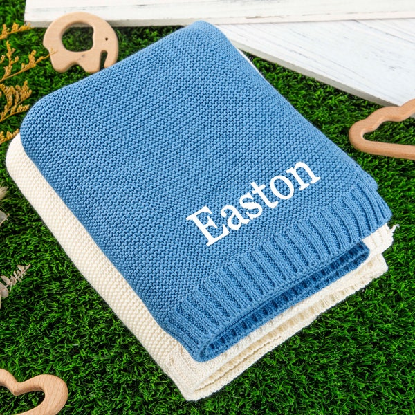 Monogrammed Baby Blanket, Knit Baby Blanket, Embroidered Blanket, Custom Name Blanket for Baby Boy Girls, Baby Shower Gift, Soft Cotton Knit