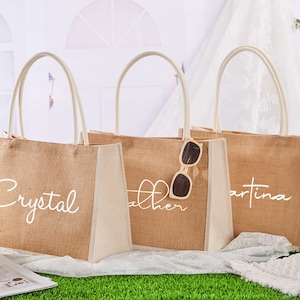 Personalized Burlap Bags, Custom Name Jute Bag, Monogram Beach Tote Bag, Bridesmaid Gifts Bag,Bachelorette Party,Wedding Favors,Gift for Her image 1