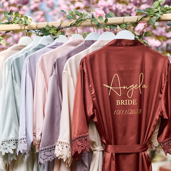 Personalised Bridesmaid Robes, Silk Satin Wedding Robe, Lace Bridal Party Robes, Bridesmaid Gifts,Monogram Bride Robes, Bridesmaid Proposal