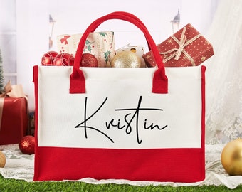 Personalized Christmas Gift Bag, Red Christmas Party Bags, Xmas Eve Gift Bags, Monogram Tote Bag, Holiday Gift Bag with Name, Burlap Tote