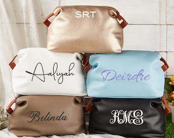 Personalized Leather Makeup Bag, Cosmetic Bag For Bridesmaid, Monogram Vegan Leather Pouch, Bridesmaid Gift,Bridesmaid Proposal,Gift for Her