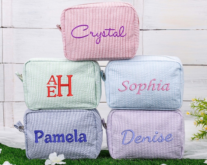 Personalized Seersucker Cosmetic Bag, Monogrammed Toiletry Bag, Embroidered Make Up Bag,Bridesmaid Makeup Bag, Bridesmaid Gift, Women Gifts