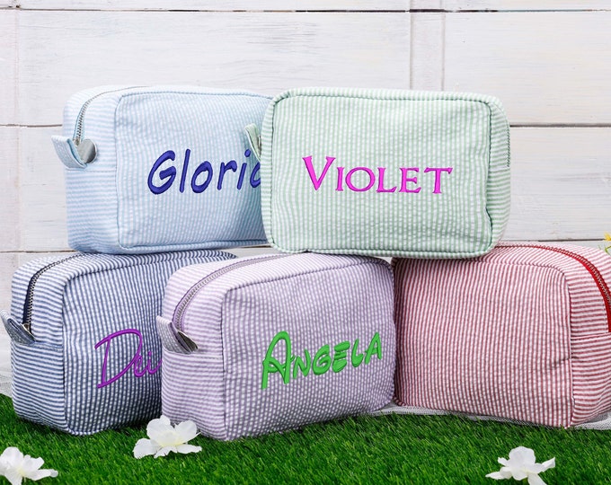 Personalized Makeup Cosmetic Bag, Embroidered Travel Toiletry Bag, Monogrammed Make Up Bag, Seersucker Cosmetic Bag, Women, Bridesmaid Gifts
