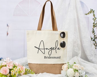 Personalisierte Brautjungfer Tasche, Strandtasche, Brautjungfer Geschenke Tasche, Monogramm Name Jute Tasche, Hochzeit Willkommenstasche, Junggesellinnenabschied