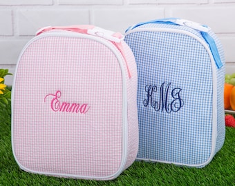 gepersonaliseerde lunchbox, monogram kinderen lunchtas, geïsoleerde lunchtas, seersucker lunchtas, terug naar school cadeau, lunchbox voor jongen en meisje
