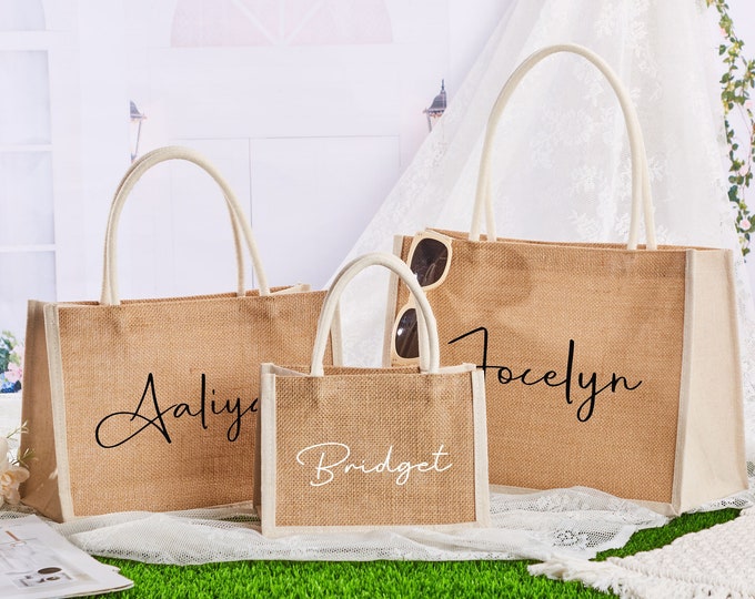 Personalized Burlap Tote Bag, Custom Bridesmaid Gifts Bag, Monogram Name Jute Bag, Burlap Beach Tote Bag, Wedding, Bachelorette Party Favors