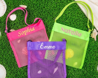 Personalized Seashell Mesh Bag,Sea Shell Bags,Beach Shell Bags,Embroidered Kids Beach Bag,Custom Shell Collecting Mesh Tote, Party Favor Bag