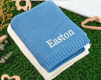 Monogrammed Baby Blanket, Knit Baby Blanket, Embroidered Blanket, Custom Name Blanket for Baby Boy Girls, Baby Shower Gift, Soft Cotton Knit