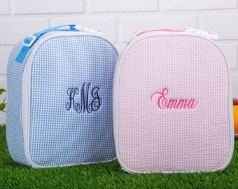 Persoonlijke lunchtassen, Seersucker lunchtas, lunchbox voor kinderen, monogram lunchtas kinderen jongens en meisjes geborduurde lunchbox terug naar school