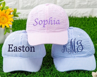Baby Seersucker Sun Hat,Personalized Kids Baseball Hat,Kids Seersucker Baseball Cap,Monogrammed Baby Sun Hat,Baby Gift,Kid Sun Hat,Child Hat