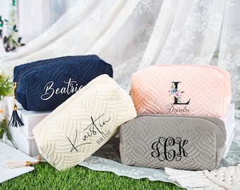 Custom Velvet Cosmetic Bag, Personalized Velvet Makeup Bag, Travel Toiletry Bag, Bridesmaid Gifts, Monogrammed Make Up Bag, Wedding Favors