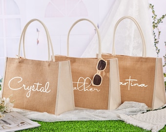 Bolsas de arpillera personalizadas, bolsa de yute con nombre personalizado, bolsa de mano de playa con monograma, bolsa de regalos de dama de honor, despedida de soltera, favores de boda, regalo para ella