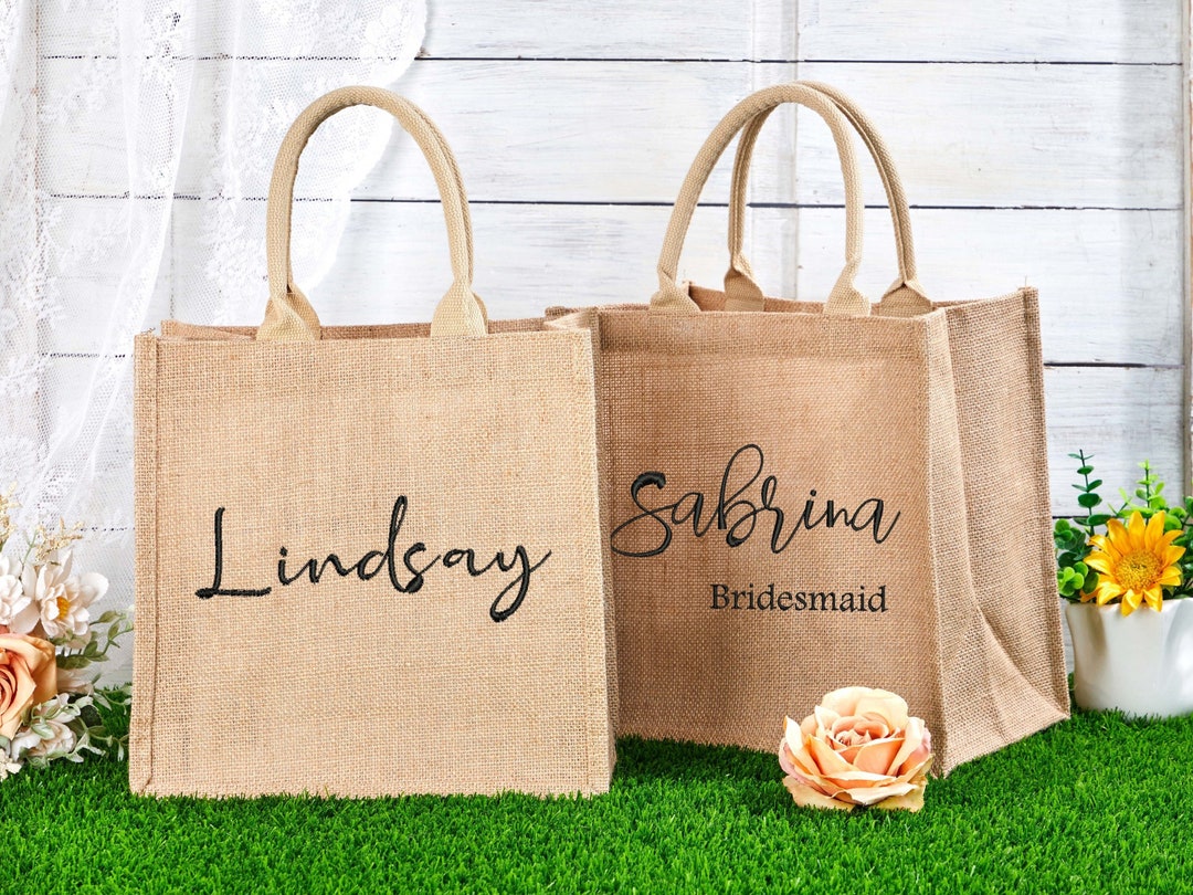 Personalised Bridesmaid Tote Bag, Custom Beach Bag, Embroidery Jute ...