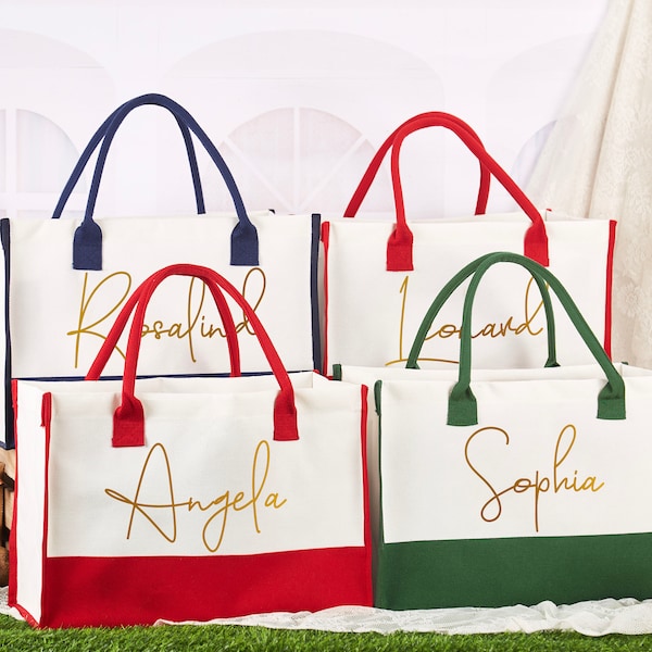 Personalized Red Christmas Gift Bag, Christmas Burlap Bag, Christmas Party Bag, Holiday Gift Bag, Monogram Tote Bag with Name, Colorful Bags