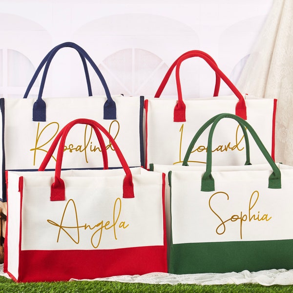 Personalized Red Christmas Gift Bag, Christmas Burlap Bag, Christmas Party Bag, Holiday Gift Bag, Monogram Tote Bag with Name, Colorful Bags