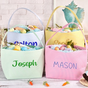 Personalisierter Ostern Eimer, gestickter Osternest, Seersucker Ostern Korb, Häschenkörbe für Kinder, Ostern-Leckerlibeutel, Ostern Geschenk für Kinder