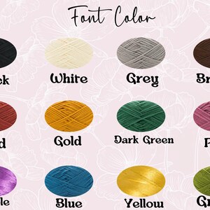 K&ouml;nnte beinhalten: Eine Tabelle mit Garnproben in verschiedenen Farben, darunter Schwarz, Wei&szlig;, Grau, Braun, Rot, Gold, Dunkelgr&uuml;n, Rosa, Lila, Blau, Gelb und Gr&uuml;n. Der Text "Font Color" befindet sich oben in der Tabelle.