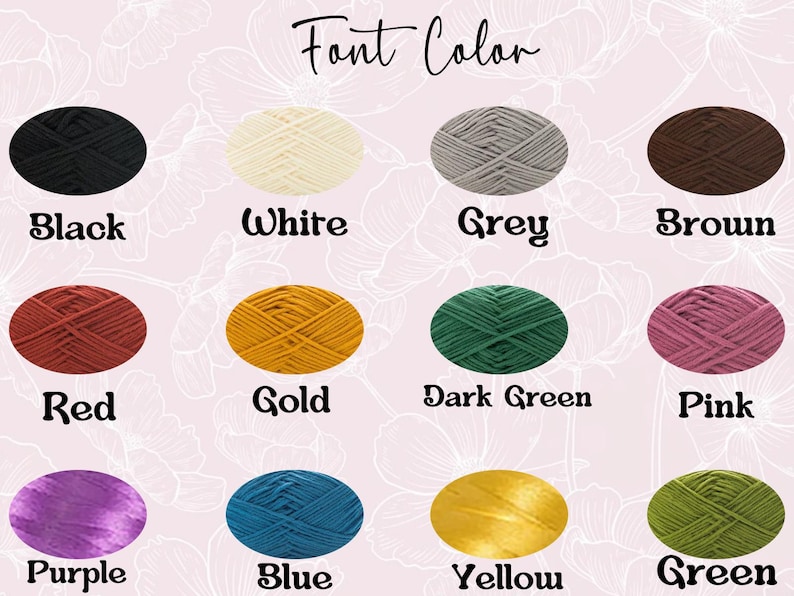 K&ouml;nnte beinhalten: Eine Tabelle mit Garnproben in verschiedenen Farben, darunter Schwarz, Wei&szlig;, Grau, Braun, Rot, Gold, Dunkelgr&uuml;n, Rosa, Lila, Blau, Gelb und Gr&uuml;n. Der Text "Font Color" befindet sich oben in der Tabelle.